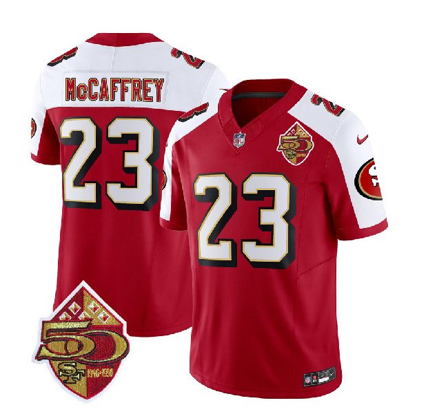 Men's San Francisco 49ers #23 Christian McCaffrey Red/White 2023 F.U.S.E. 50th Patch Throwback Football Stitched Jersey - Click Image to Close